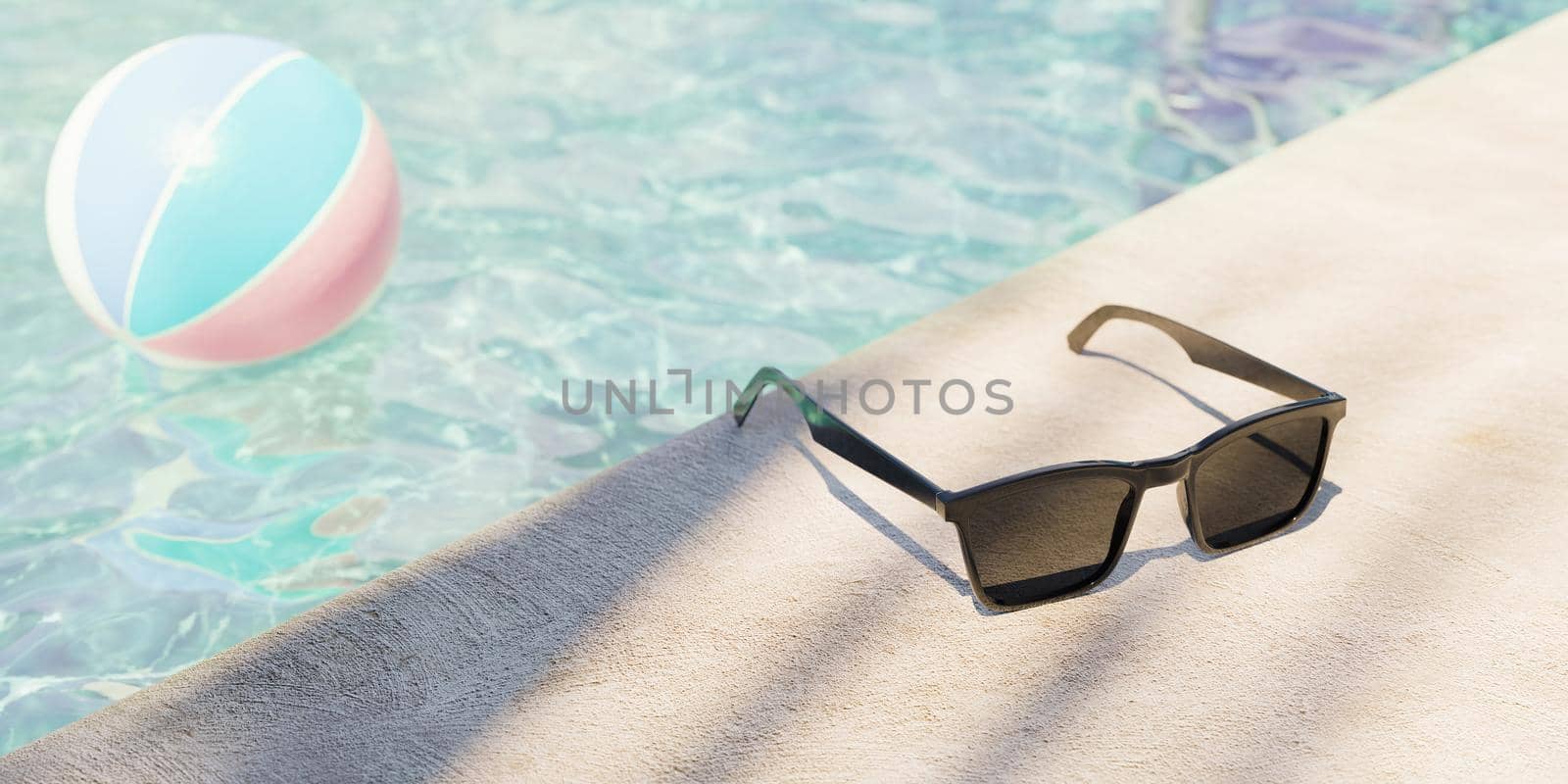 Close up of sunglasses on the edge of a pool with water and ball in the background out of focus. 3d render