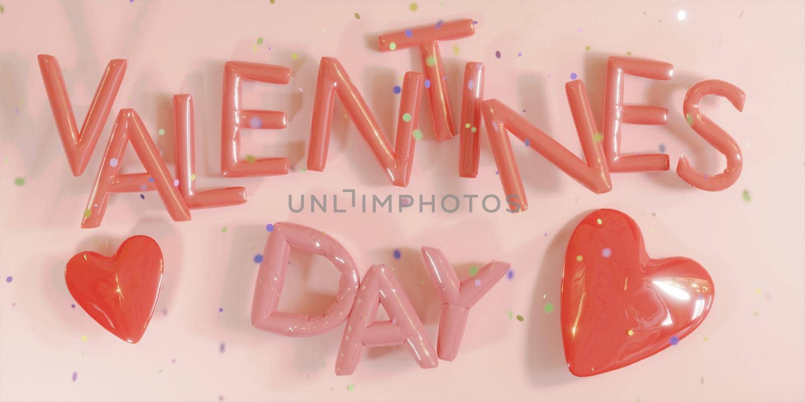 red valentine's day balloon letters with hearts and confetti falling down, on red wall. 3d rendering