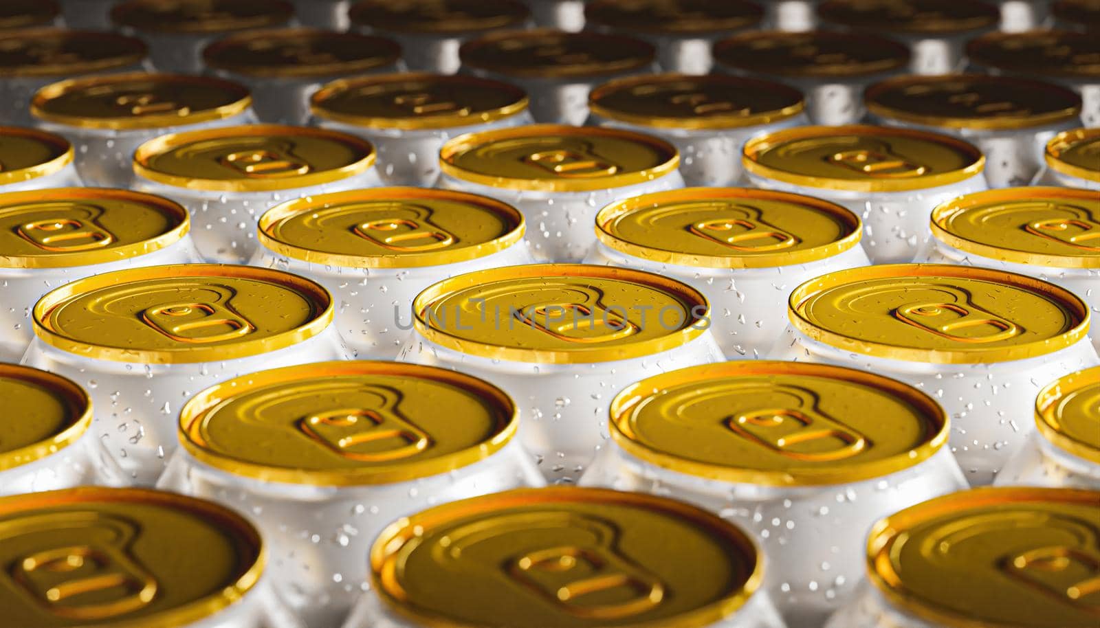 close-up background of soda cans with golden lid and covered by drops. top view. 3d render