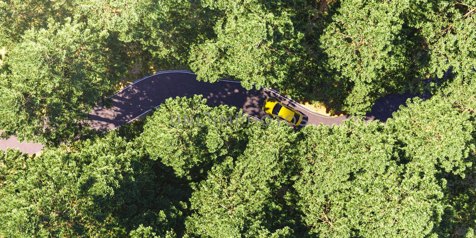 Car driving through a forest as seen from above by asolano