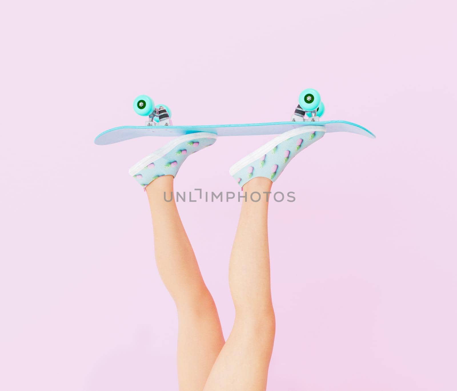 female legs with skateboard on pastel color background. vintage style. 3d render