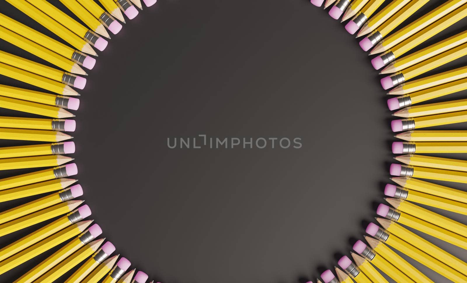 dark empty circle surrounded by yellow pencils with pink eraser. concept of education, architecture, back to school. 3d render