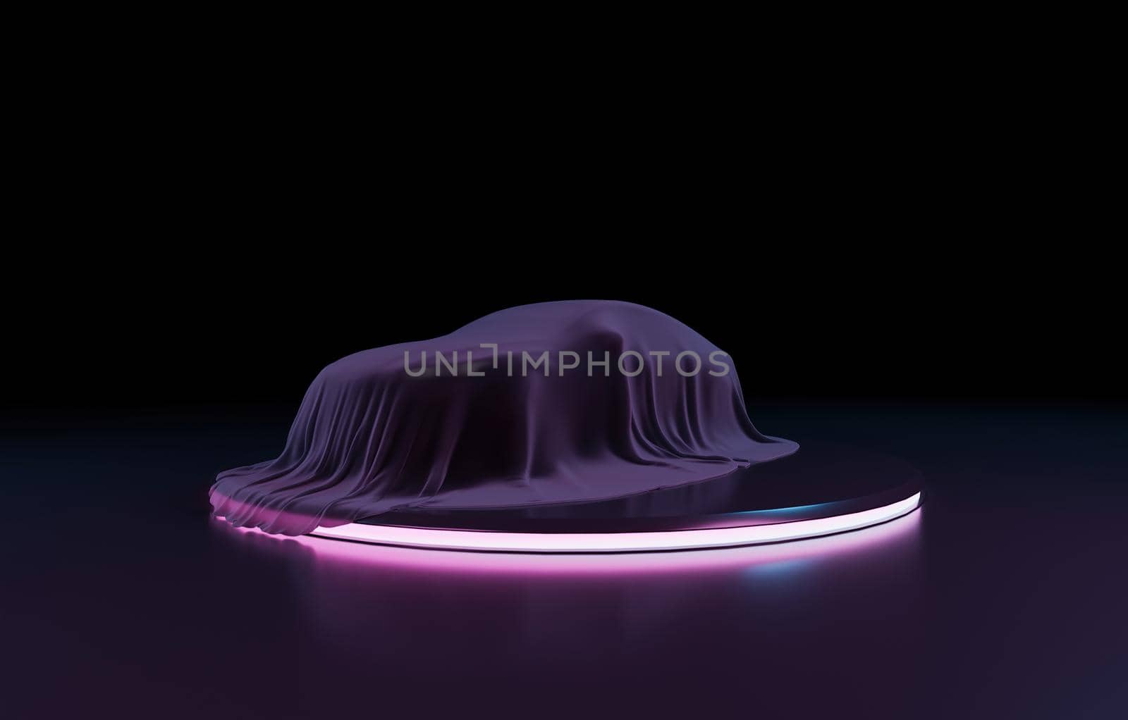 presentation of a car covered with cloth on a circular stage with purple neon lights and dark background. 3d render