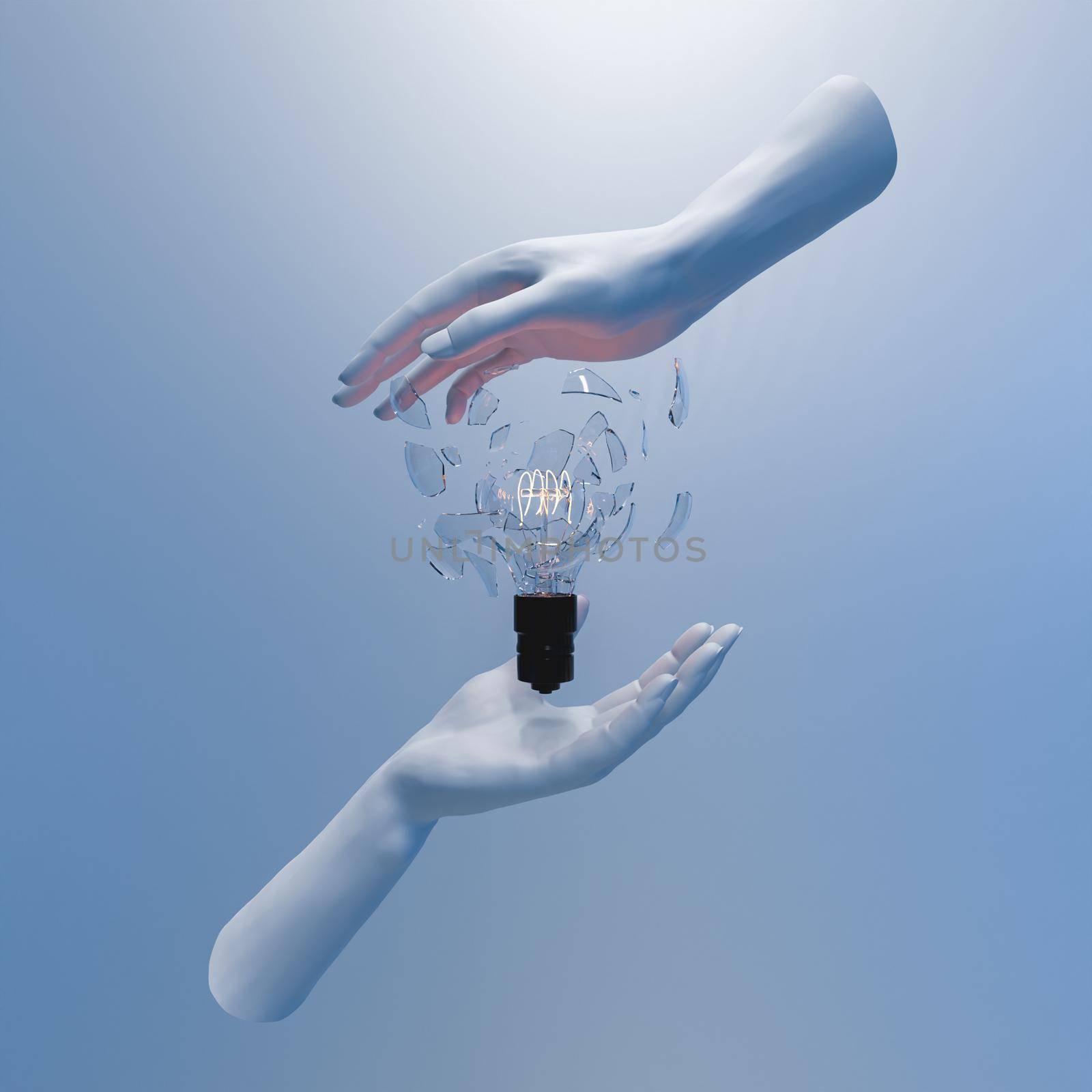abstract scene of hands covering broken light bulb with crystals in the air. 3d render