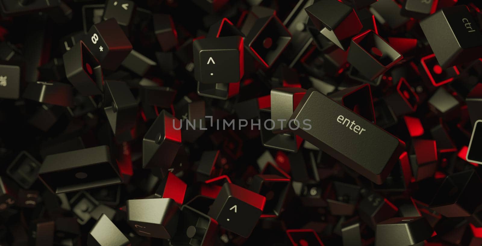 Abstract background of computer keys cluttered in the air with enter key in close up. 3d render