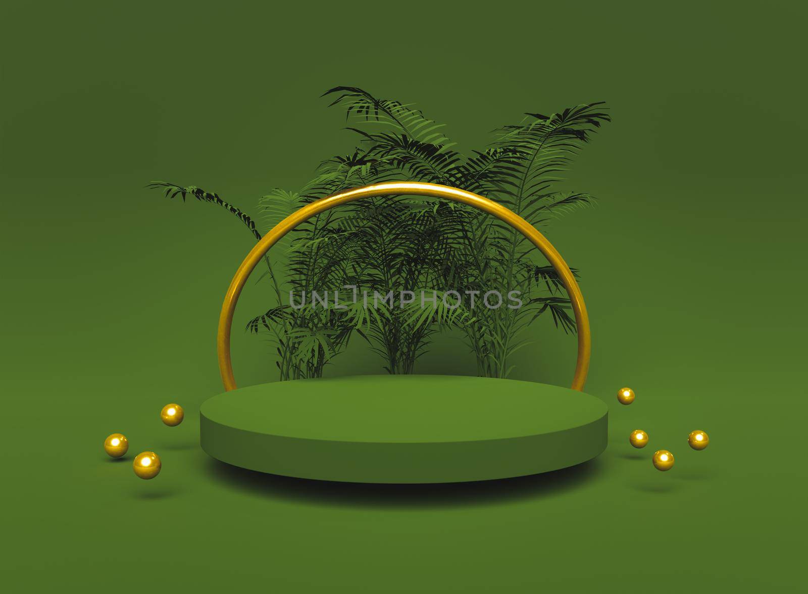 green stand for product display with plants and golden details. 3d render