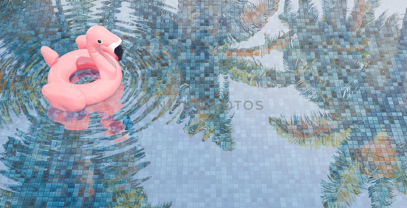 flamingo float on the water surface of a tiled swimming pool with palm trees reflected on it on a sunny day. summer background, holiday concept. 3d render