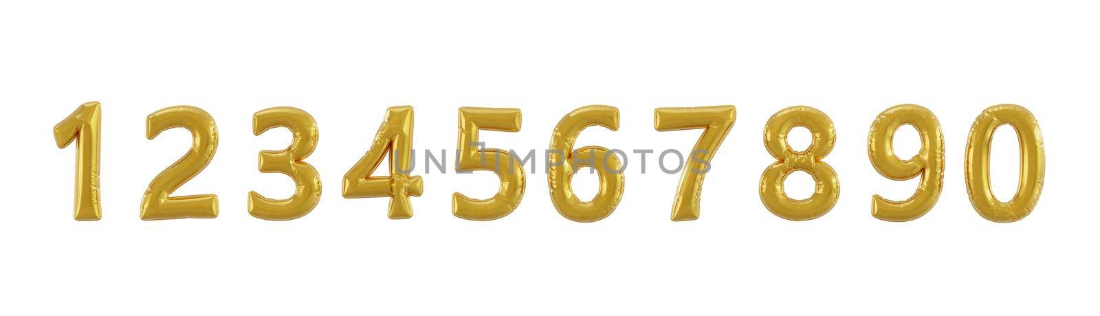 golden balloon numbers isolated on white background for easy cutout. lettering font. 3d render