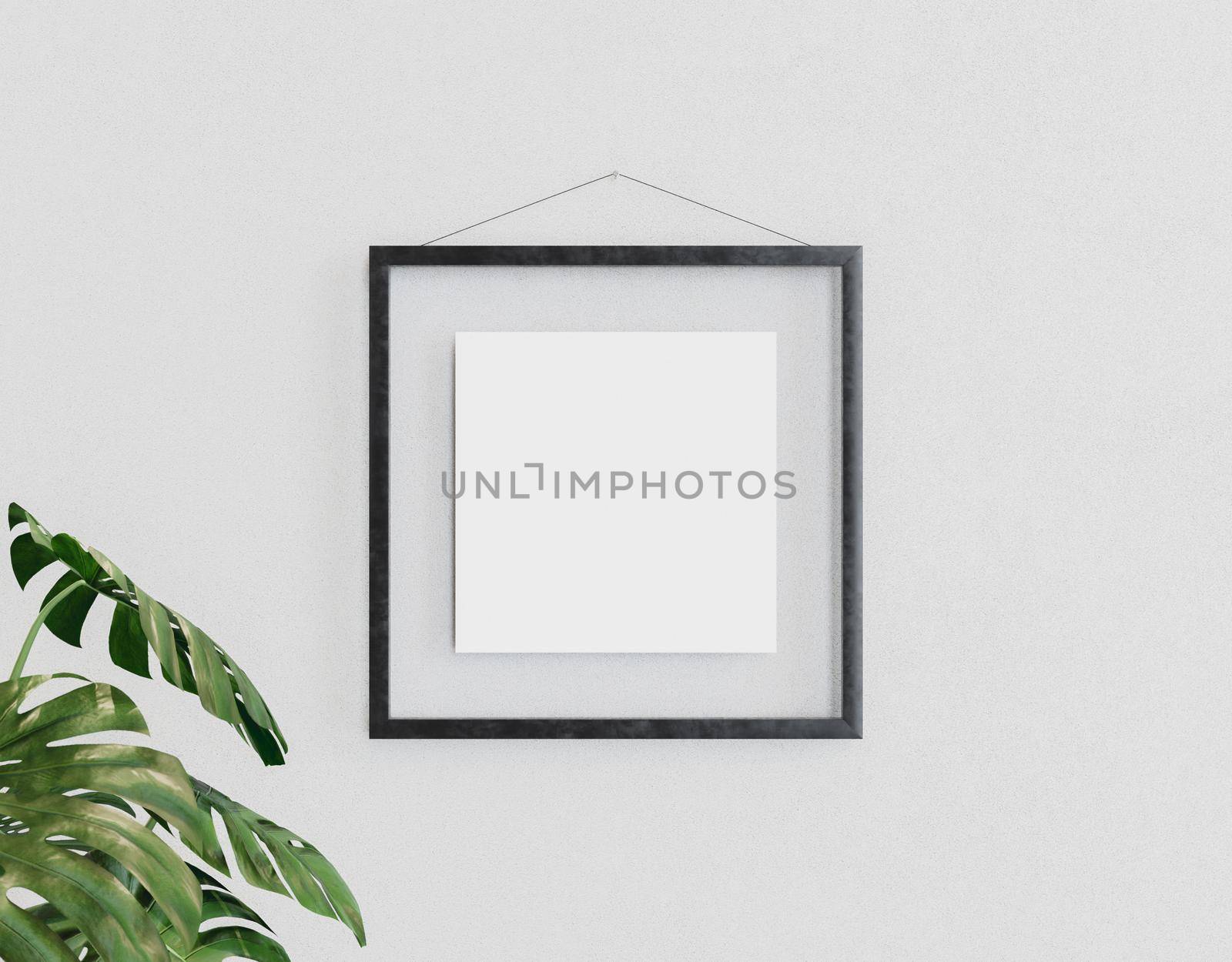 mockup of a square glass frame hanging on the wall with a plant next to it. 3d render