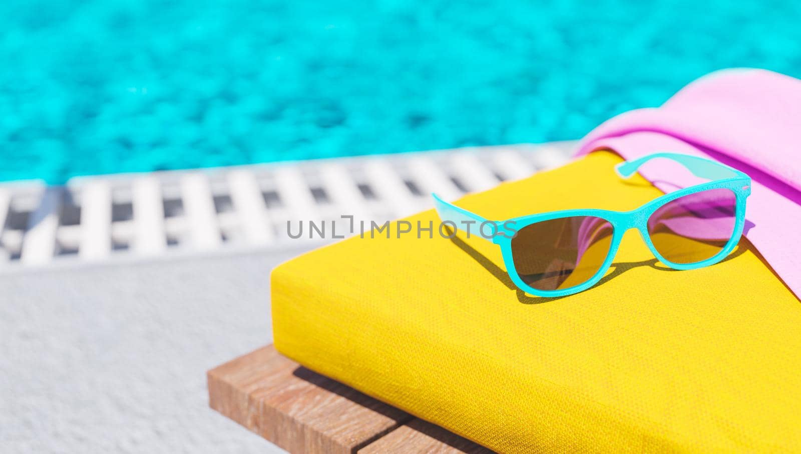 close-up of sunglasses on deck chair with towel and pool out of focus in the background. 3d render