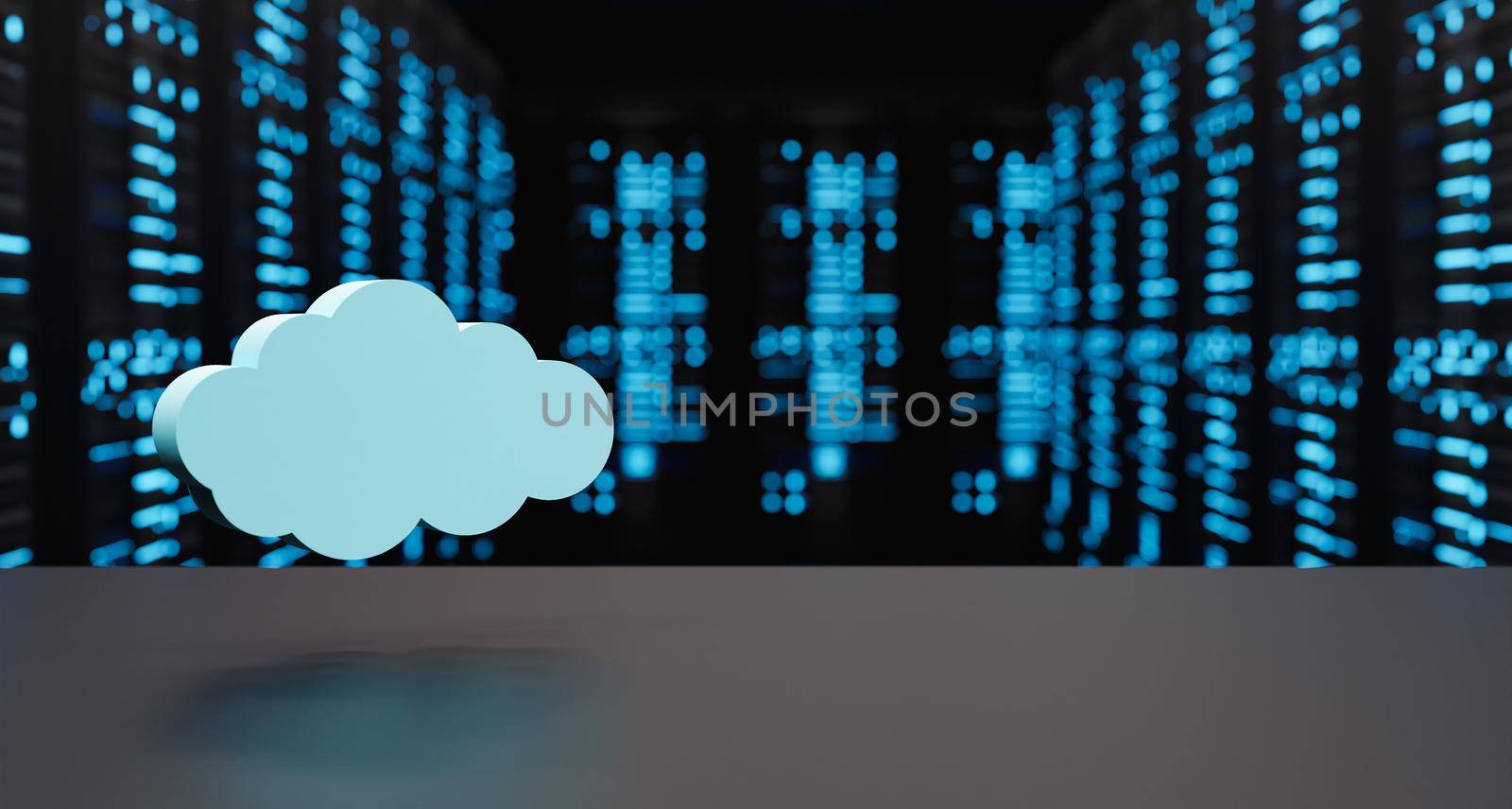 cloud on top of an empty table with blurred background of a room full of illuminated servers. concept of cloud storage and connectivity. 3d render