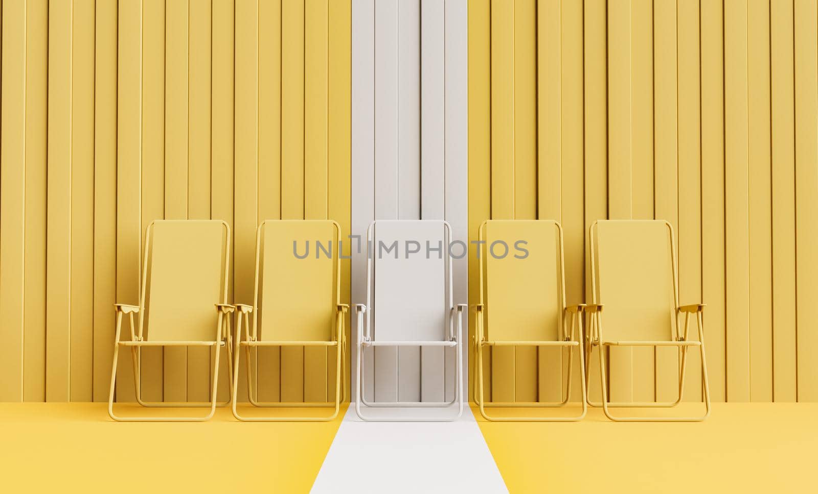 yellow monochromatic beach chairs with one highlighting in white. summer background. 3d render