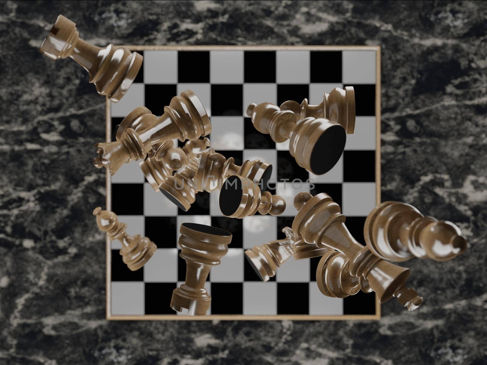 zenithal view of a chessboard with the pieces falling on it by asolano