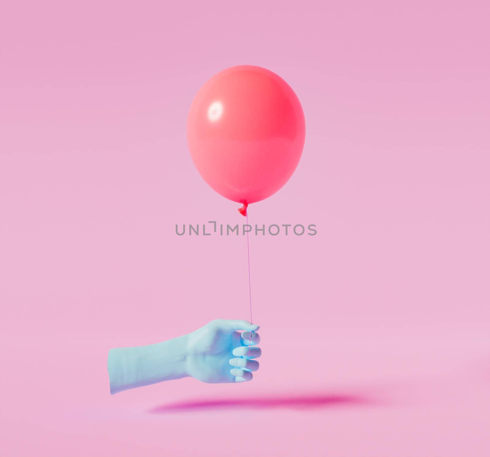 minimalistic scene with a blue hand holding a red balloon. 3d render