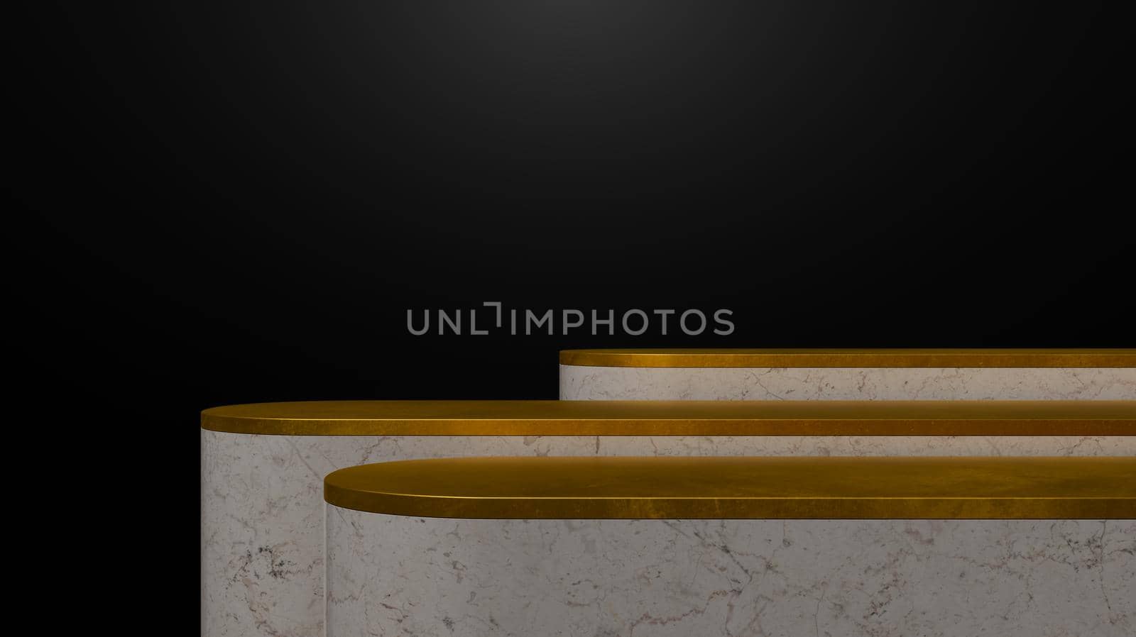 stands for product display with marble and golden edge on dark background. 3d render