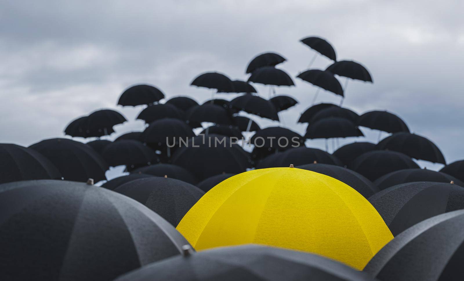 black umbrellas flying with a yellow umbrella standing out against the cloudy sky. winter concept, rain, wind and bad weather. 3d render