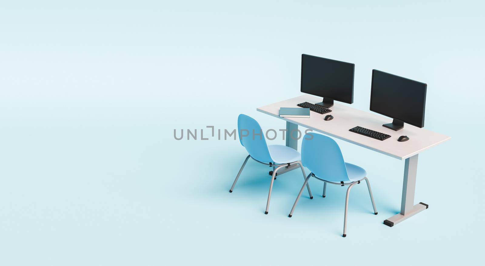 desk with computers and chairs on minimalist blue background with space for text. concept of education, e-learning and back to school. 3d render