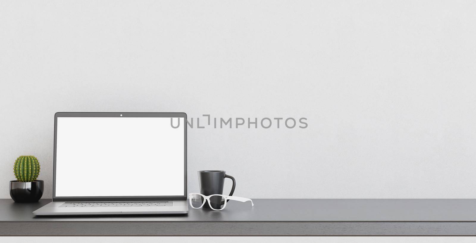 mockup of laptop on desk with coffee cup and glasses. space for text and design. 3d render