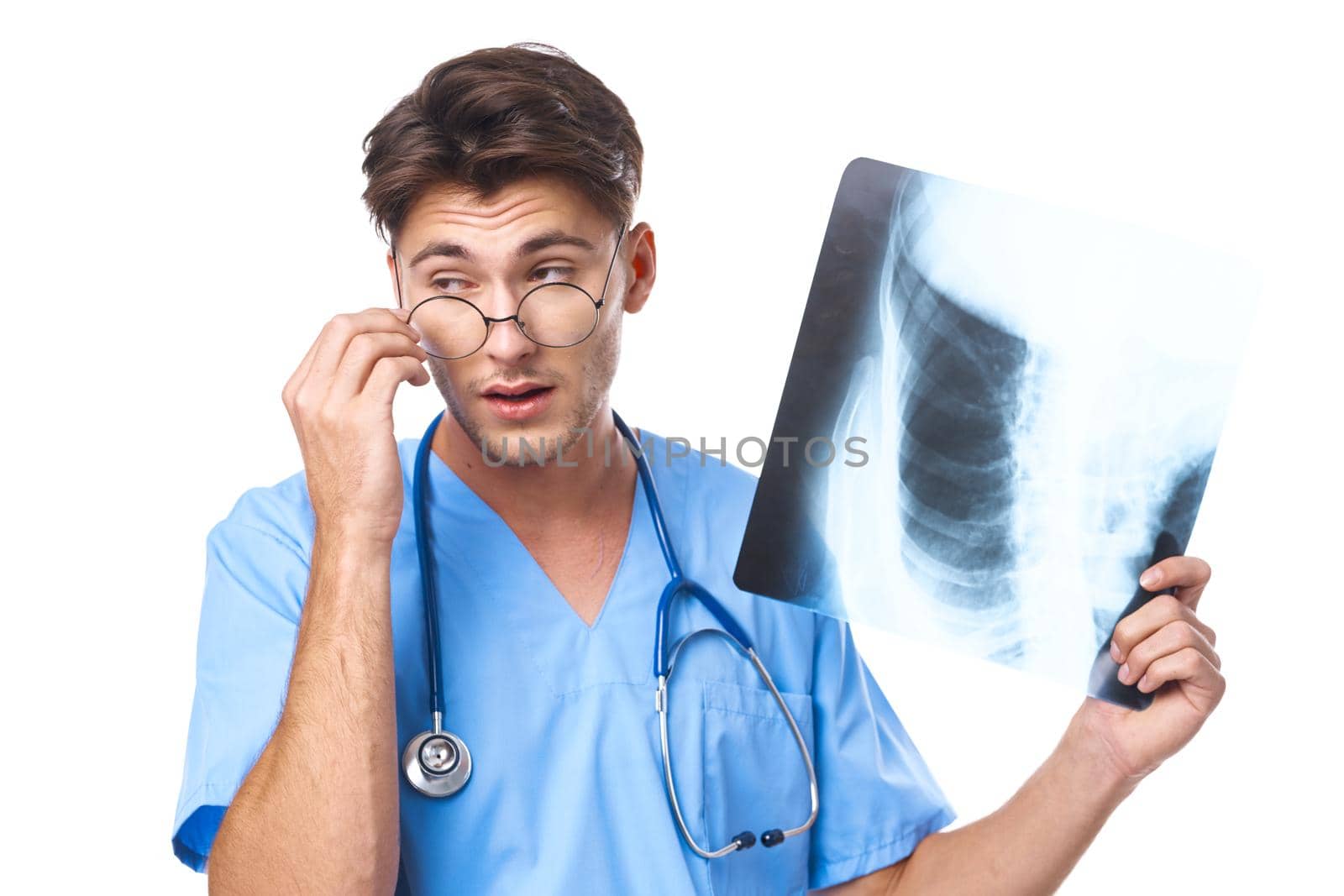 radiologist x-ray diagnostics stethoscope examination work light background. High quality photo