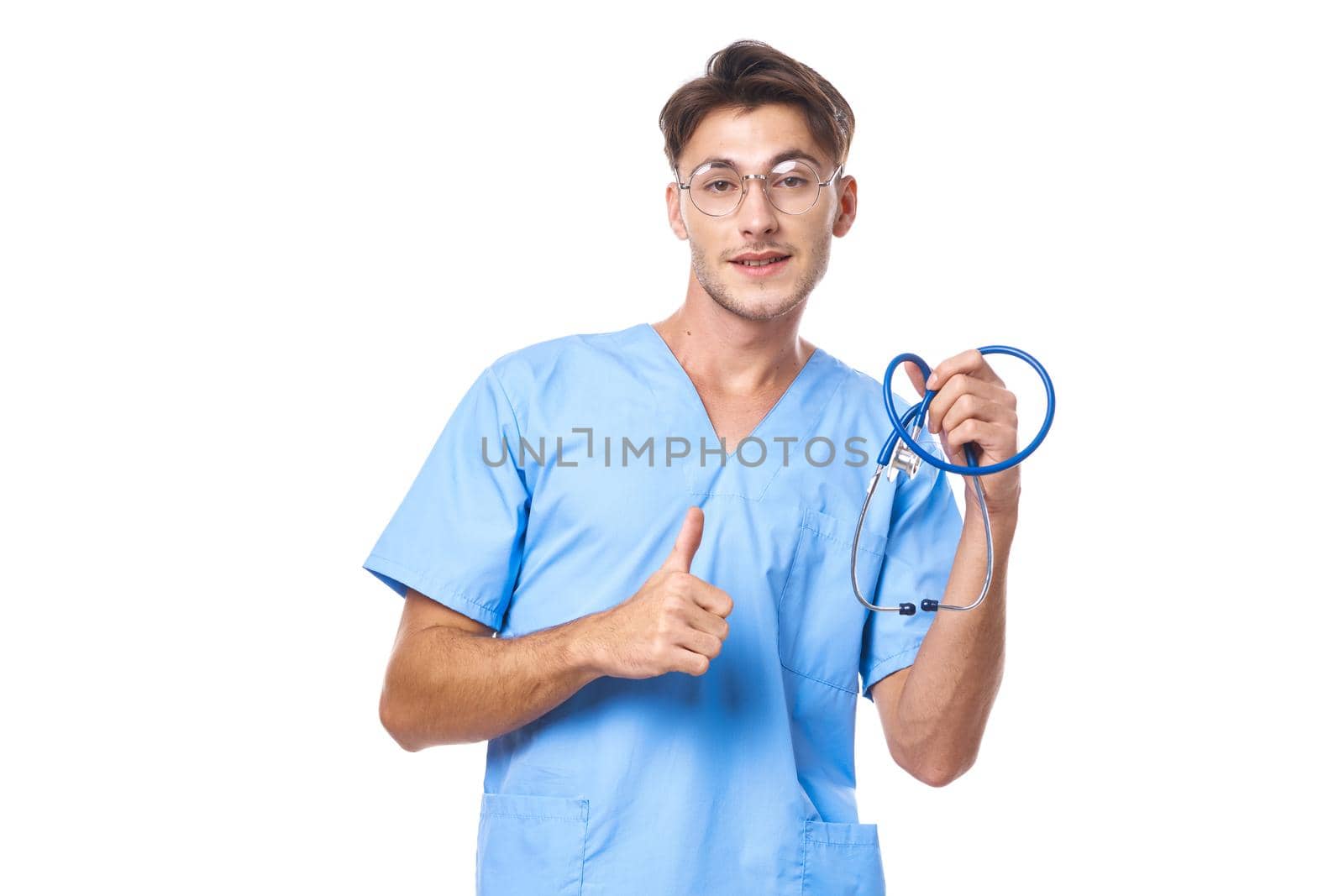 male doctor wearing glasses stethoscope posing isolated background. High quality photo