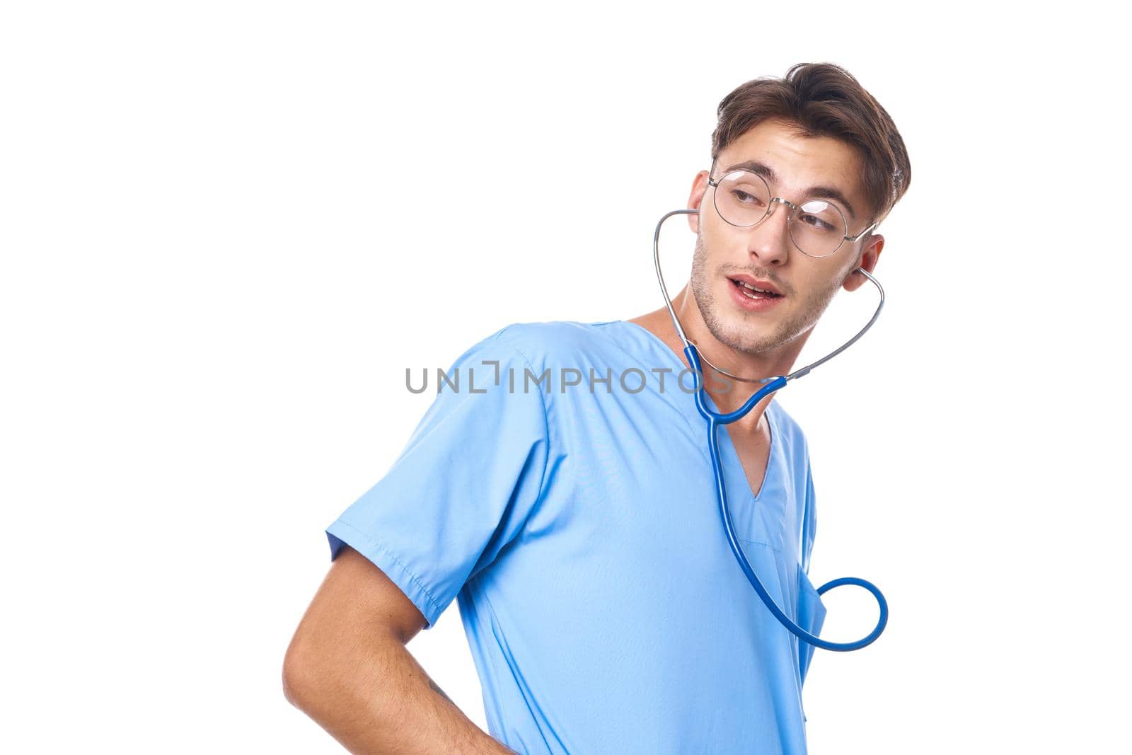 man in medical uniform health care treatment stethoscope examination isolated background. High quality photo