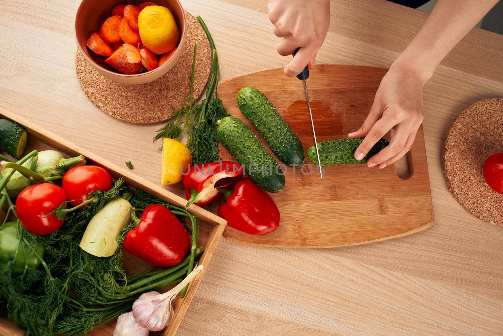 Ingredients slicing salad in the kitchen vitamins view from above. High quality photo