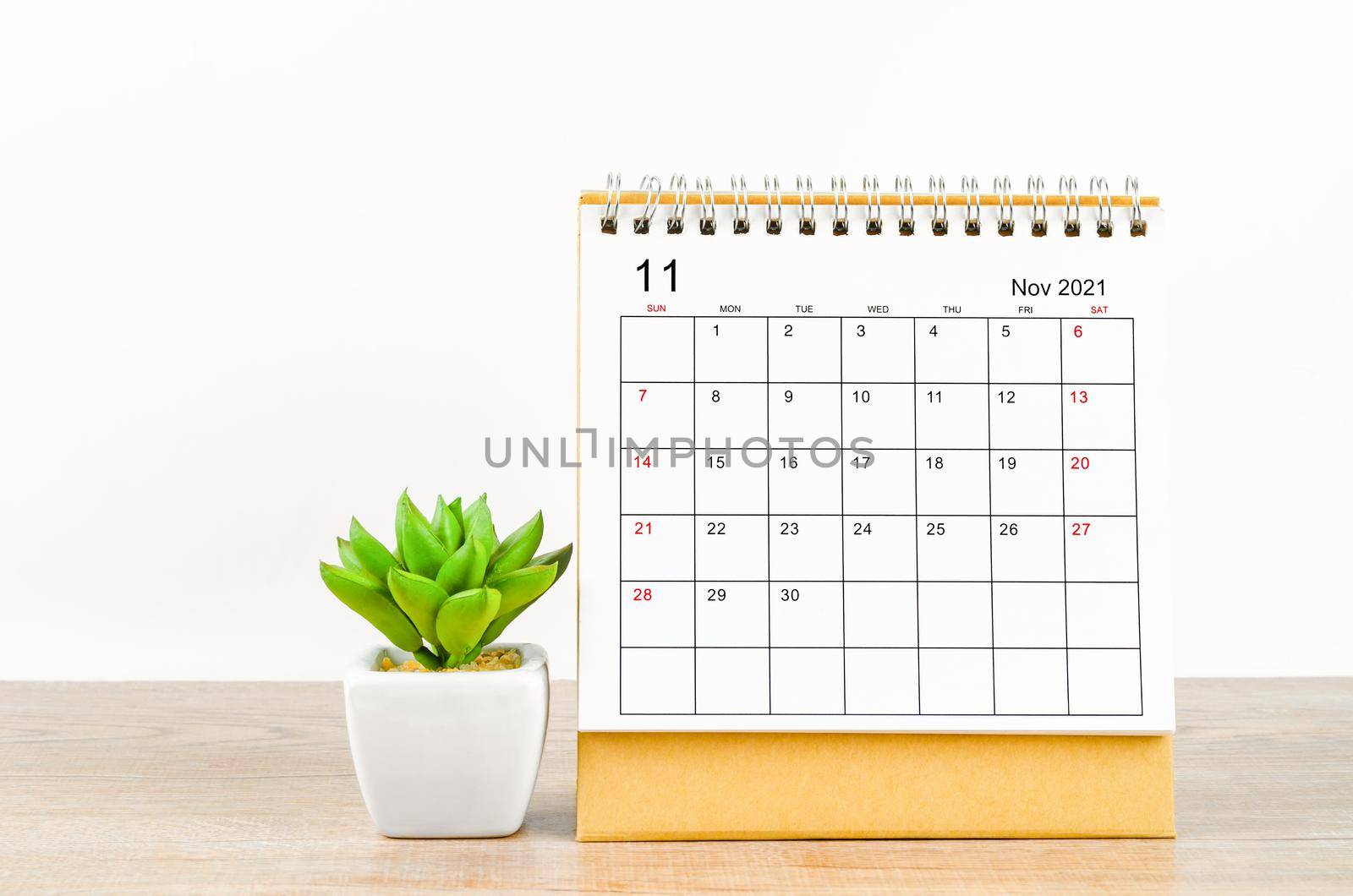 The November desk calendar 2021 with plant pot on wooden background.