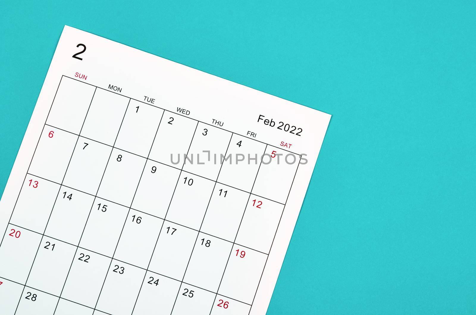 Close up February 2022 calendar sheet on green background.