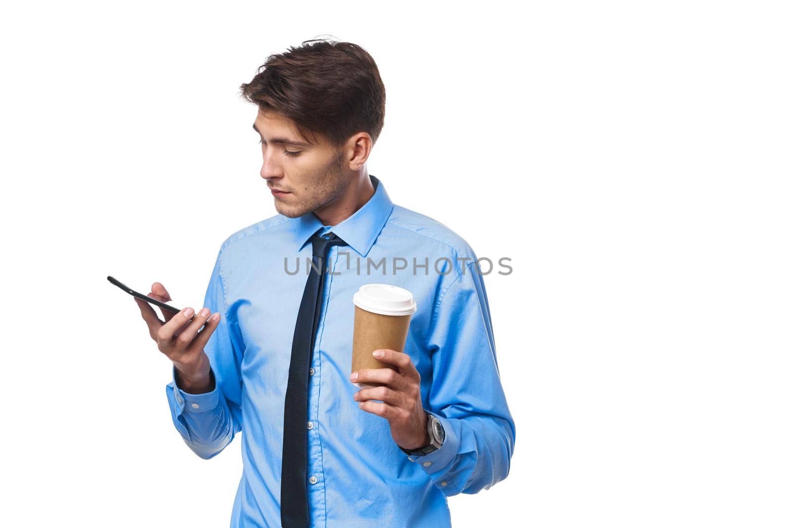 manager communication on the phone a cup of coffee isolated background. High quality photo