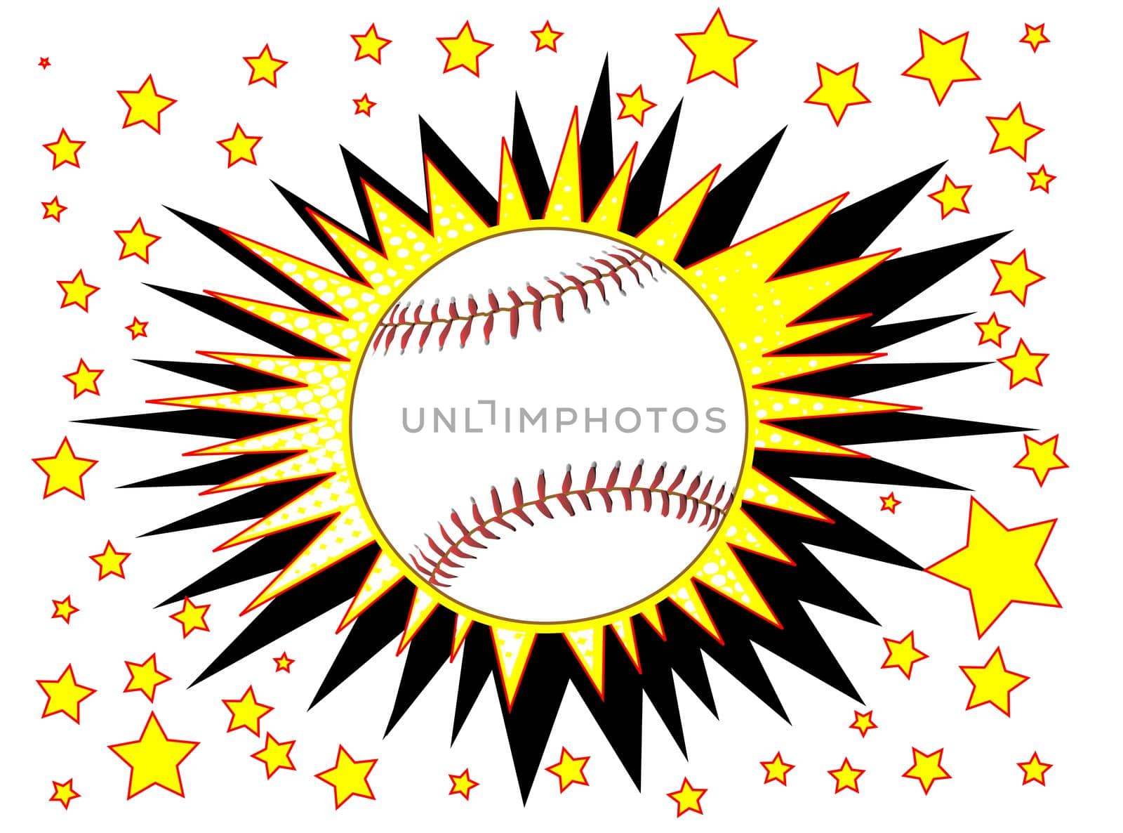 A cartoon style baseball explosive motif with stars over a white background