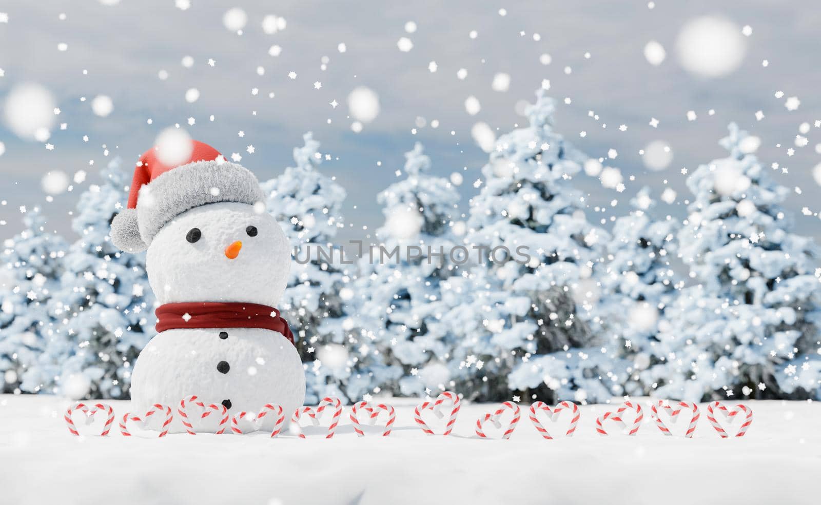 snowman with candy canes in a snowy landscape by asolano