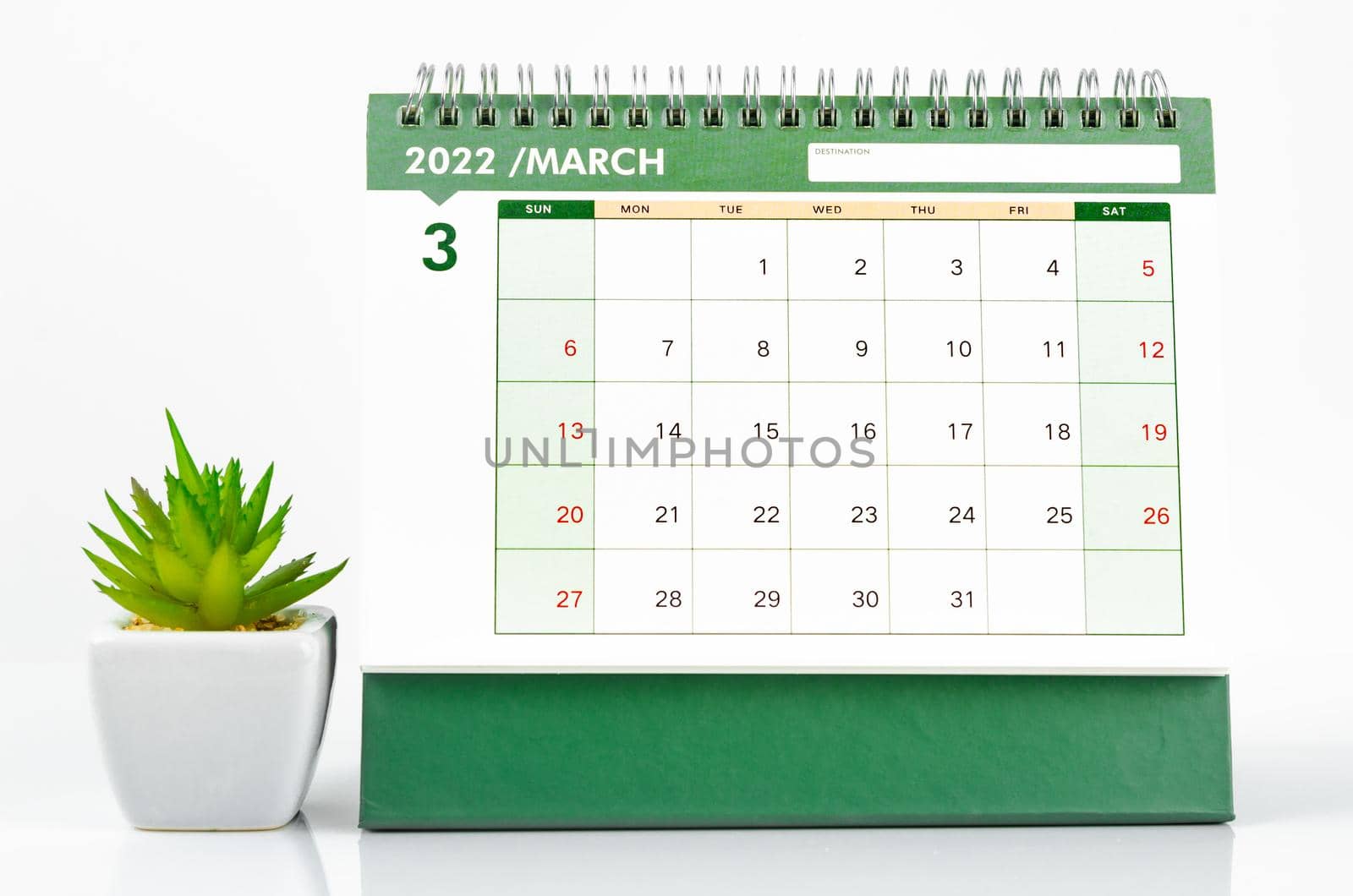 The March desk calendar 2022 on white background.