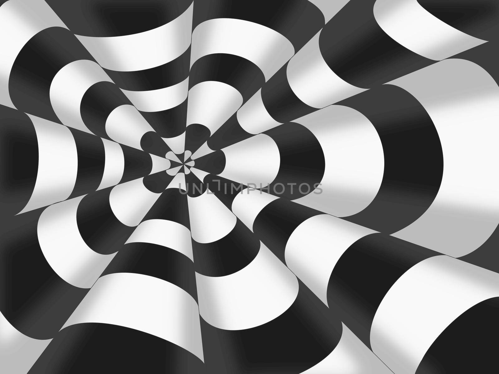 3d drawing of striped cones. Volumetric pattern of black and white striped cones. Geometric abstract pattern.