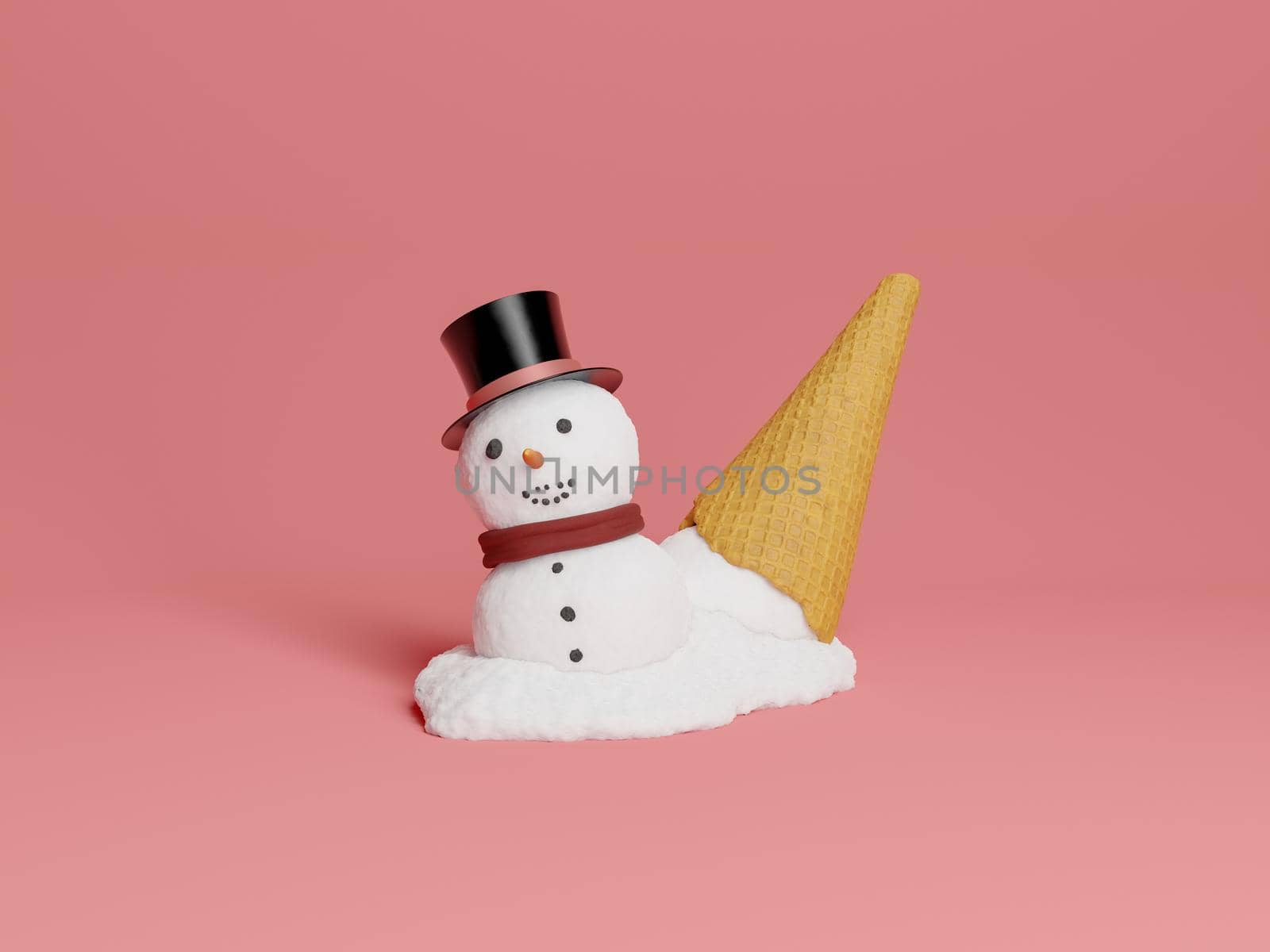spilled snowman ice cream with upside down cookie cone. 3d rendering