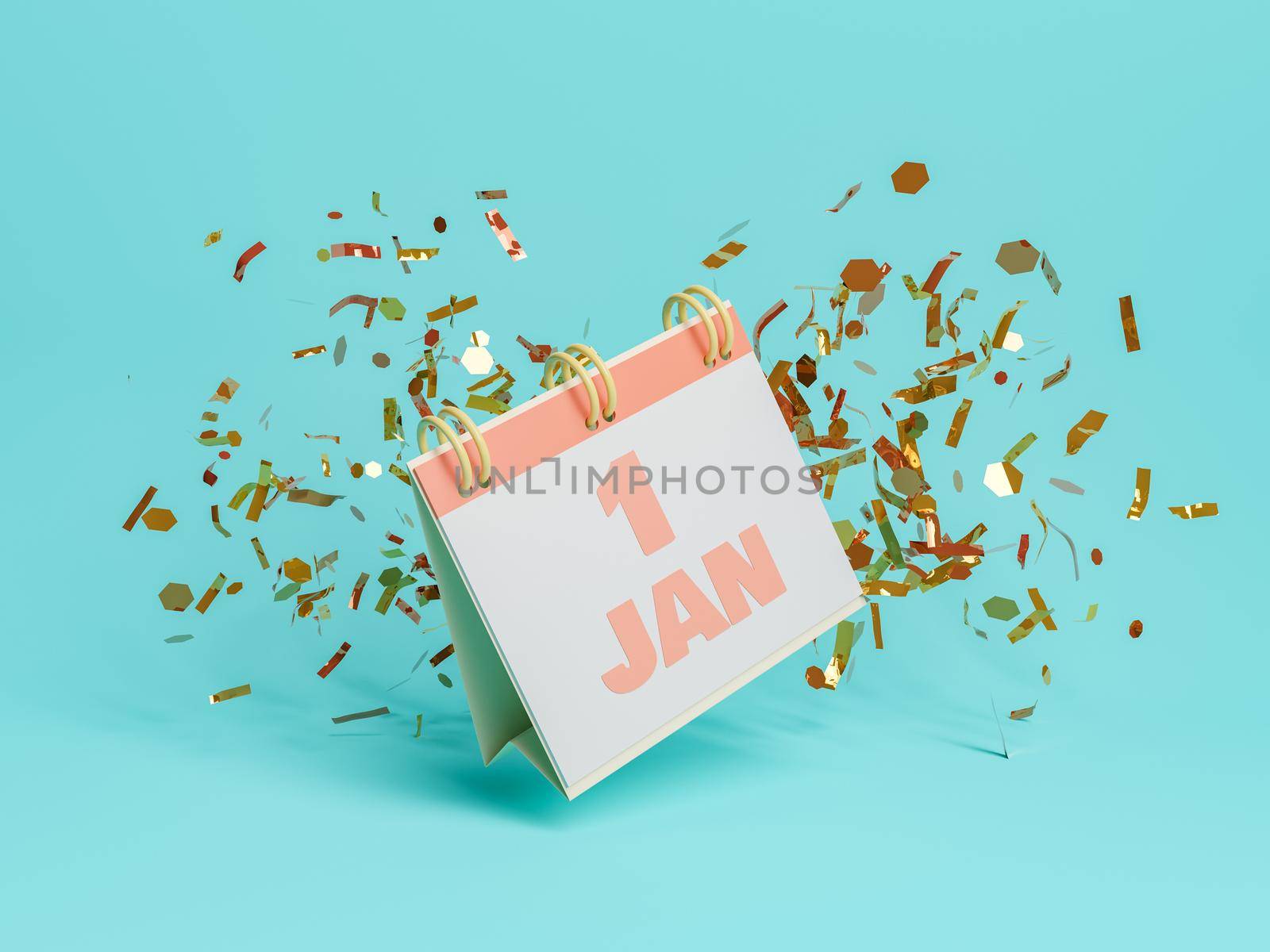 January 1st calendar floating in the air with golden confetti around. 3d rendering