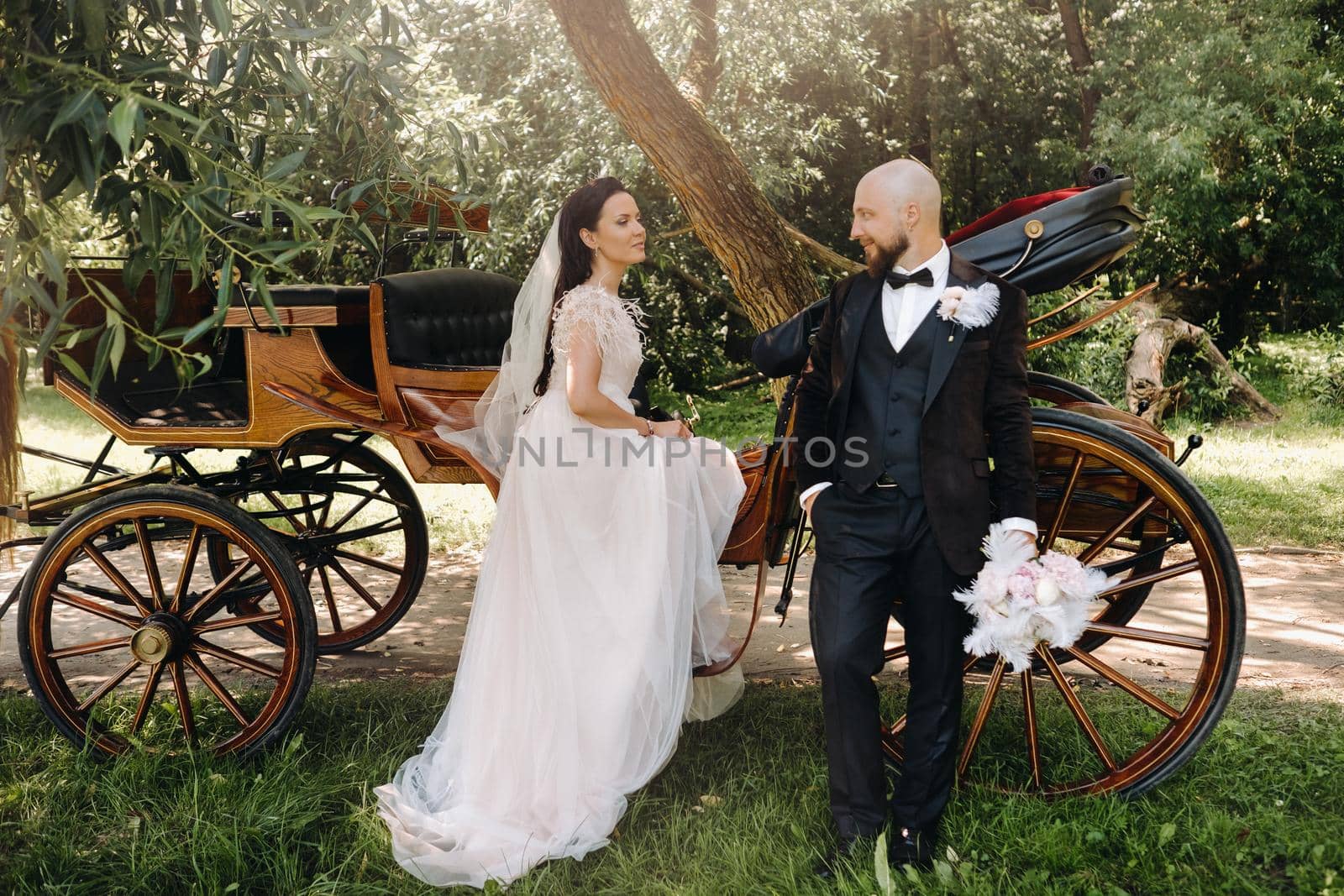 A couple of the bride and groom are standing near the carriage in nature in retro style by Lobachad