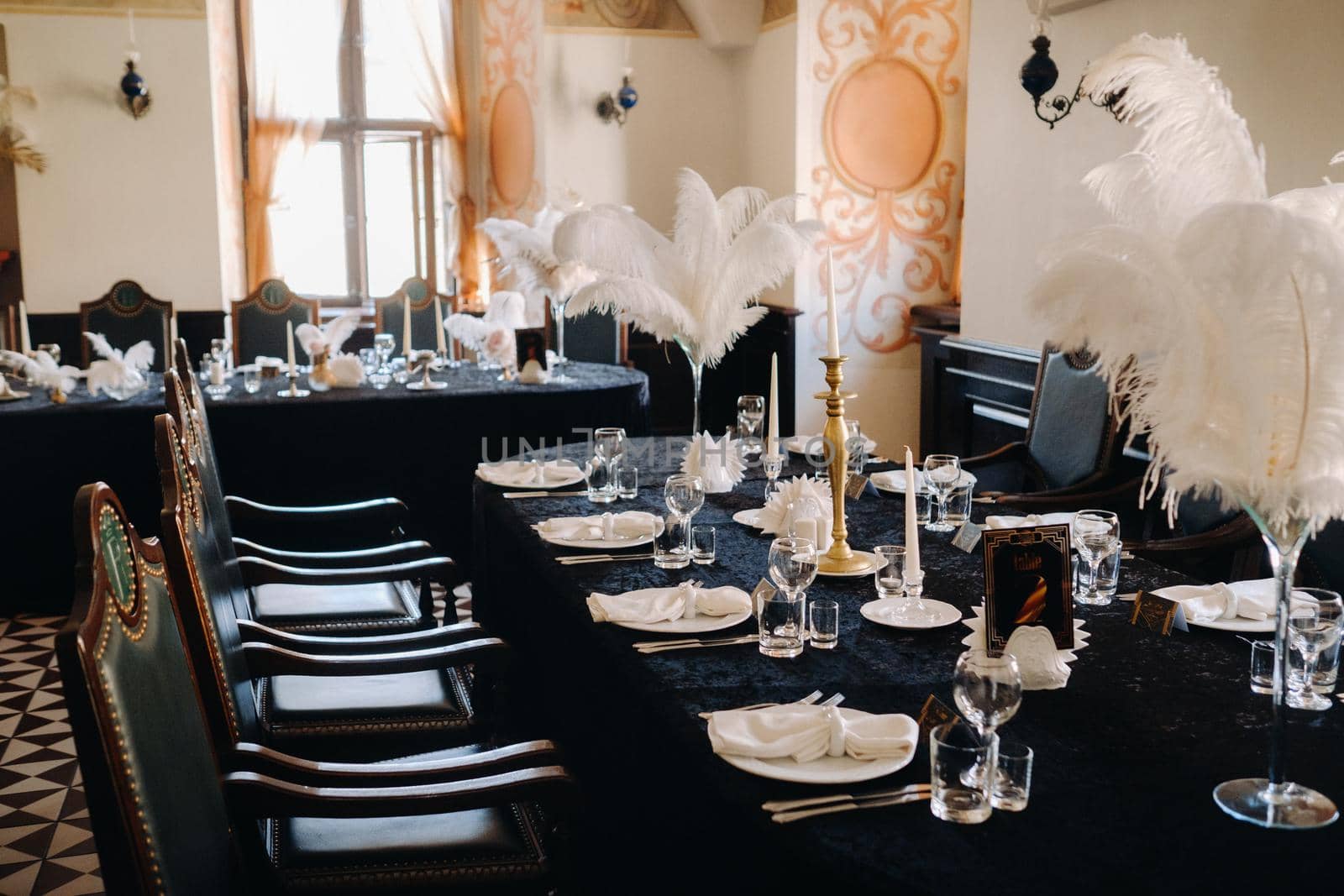 decorated festive table for a wedding evening in an old castle.