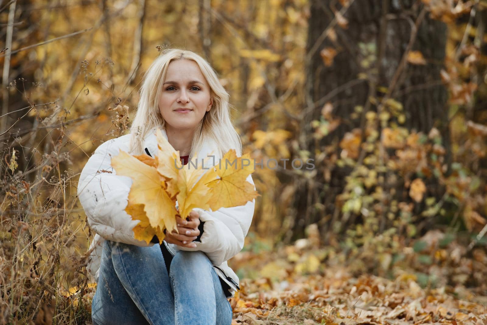 Portrait of a young blonde woman in the autumn forest, with a bouquet of yellow leaves in her hands. by leonik
