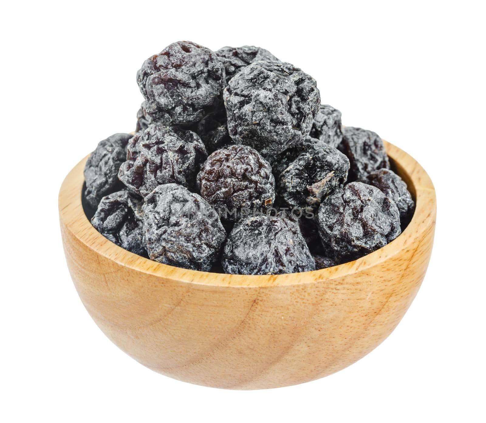 Salted Black plum in wooden bowl isolated on white background, save clipping path.