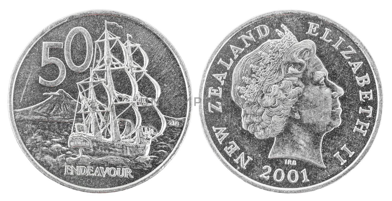 Old 50 New Zealand cents coin isolated on white background, save clipping path.