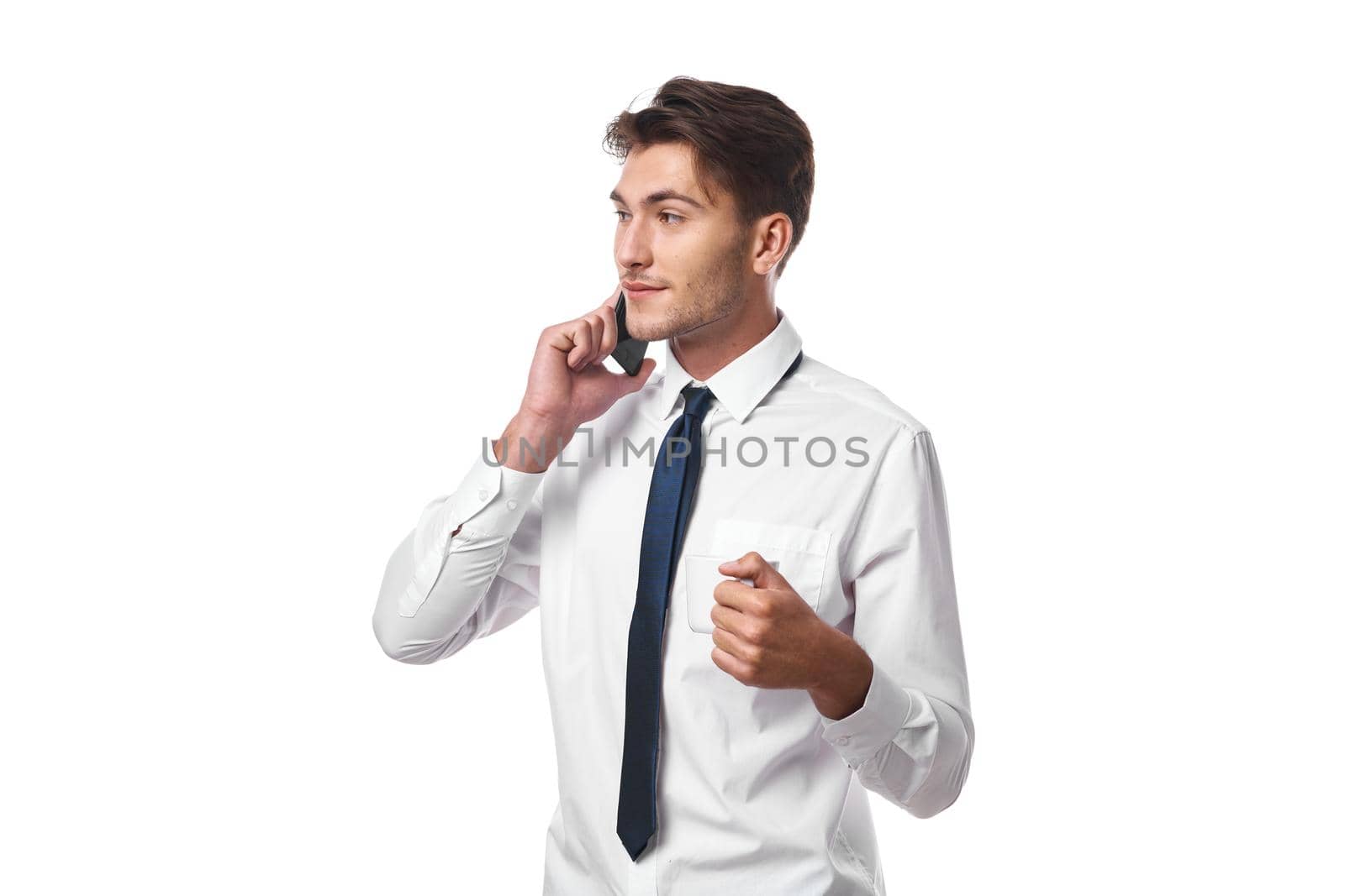 man phone communication success work office isolated background. High quality photo