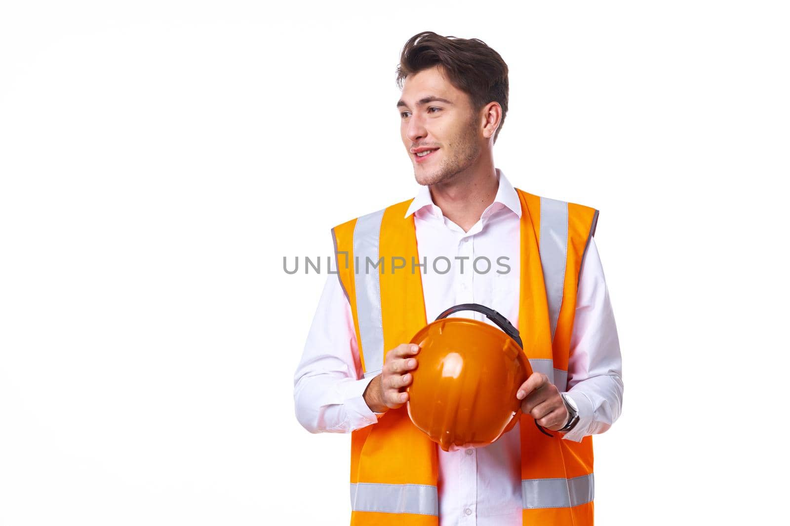 emotional worker in orange uniform Professional. High quality photo