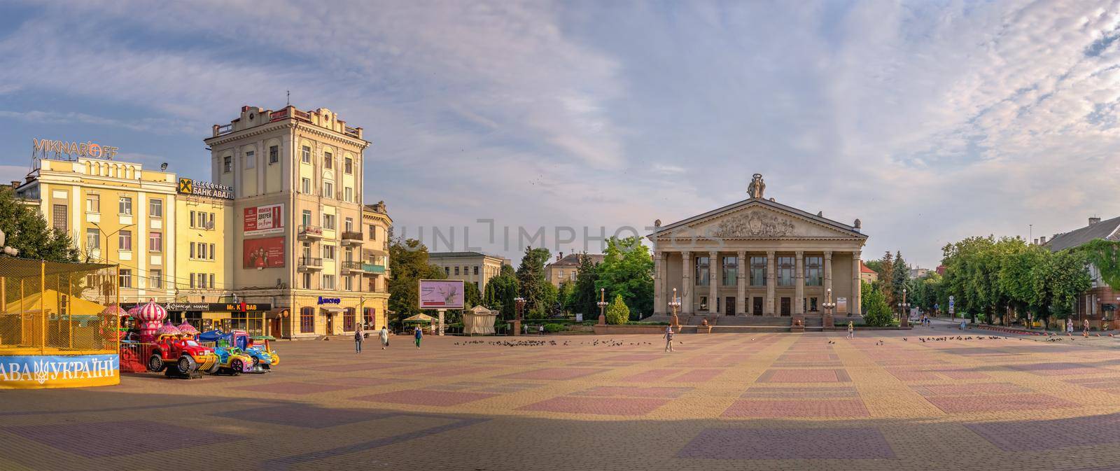 Ternopil, Ukraine 06.07.2021. Theatre square in Ternopil, Ukraine, on a sunny summer morning