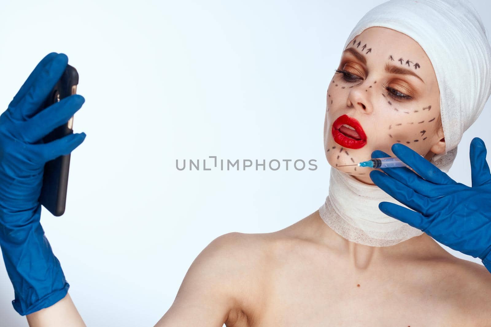 female patient Red lips plastic surgery operation bare shoulders studio lifestyle. High quality photo
