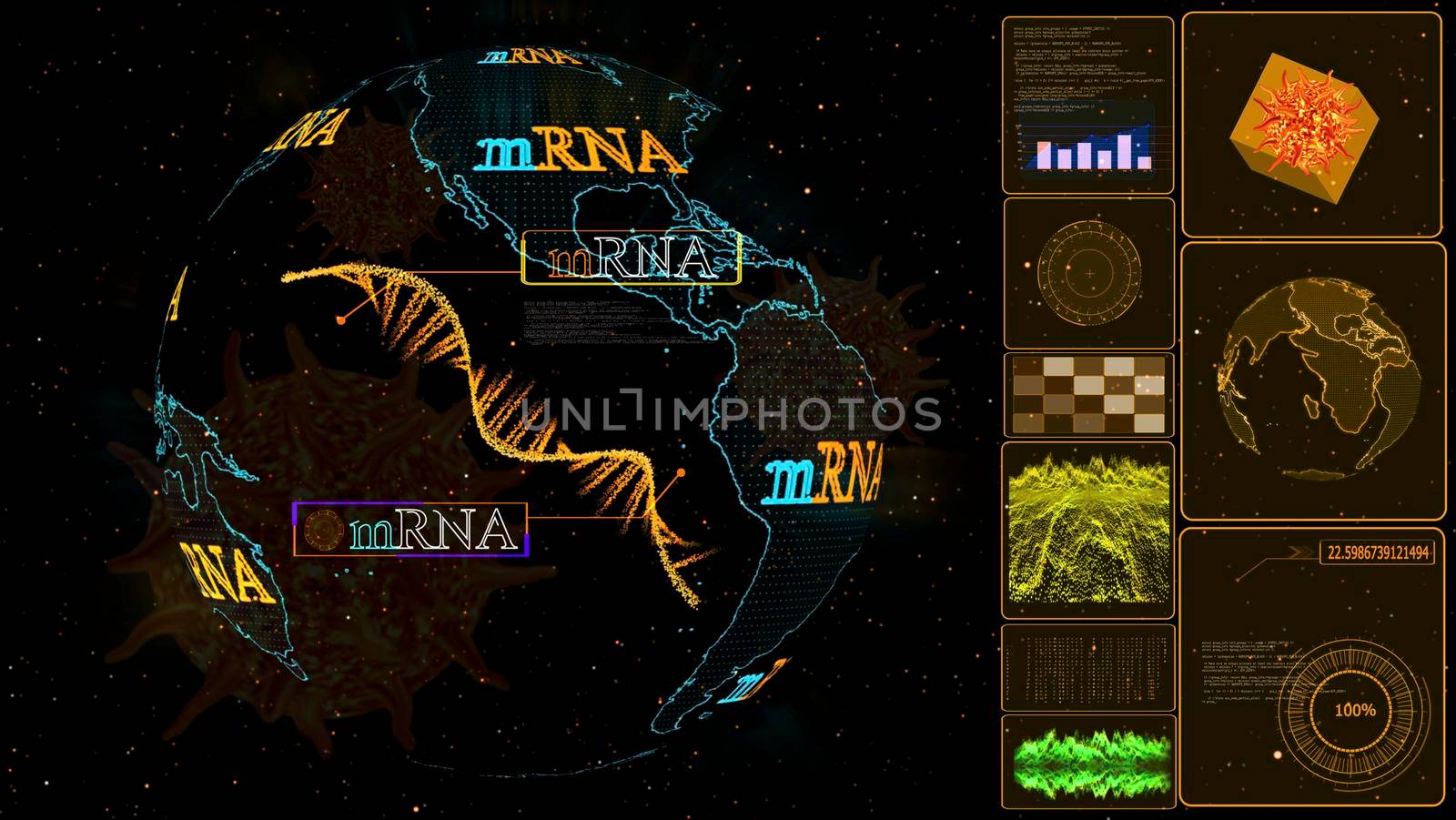 mRNA vaccine model on global digital computer yellow monitor research analysis for mRNA to protection COVID 19 mutation