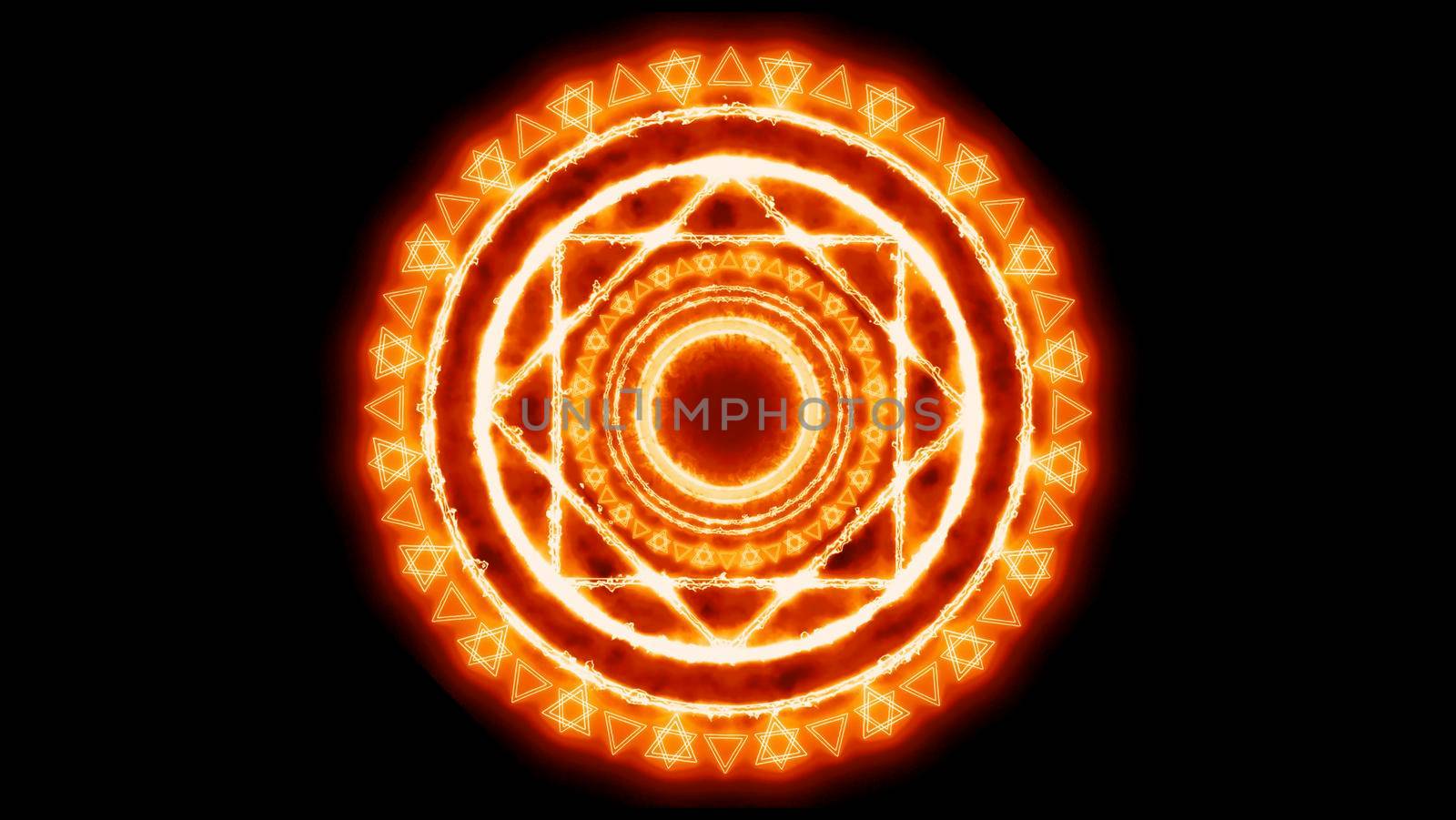 Magic circle powerfull red flame energy with heaven double circle six stars on black isolated