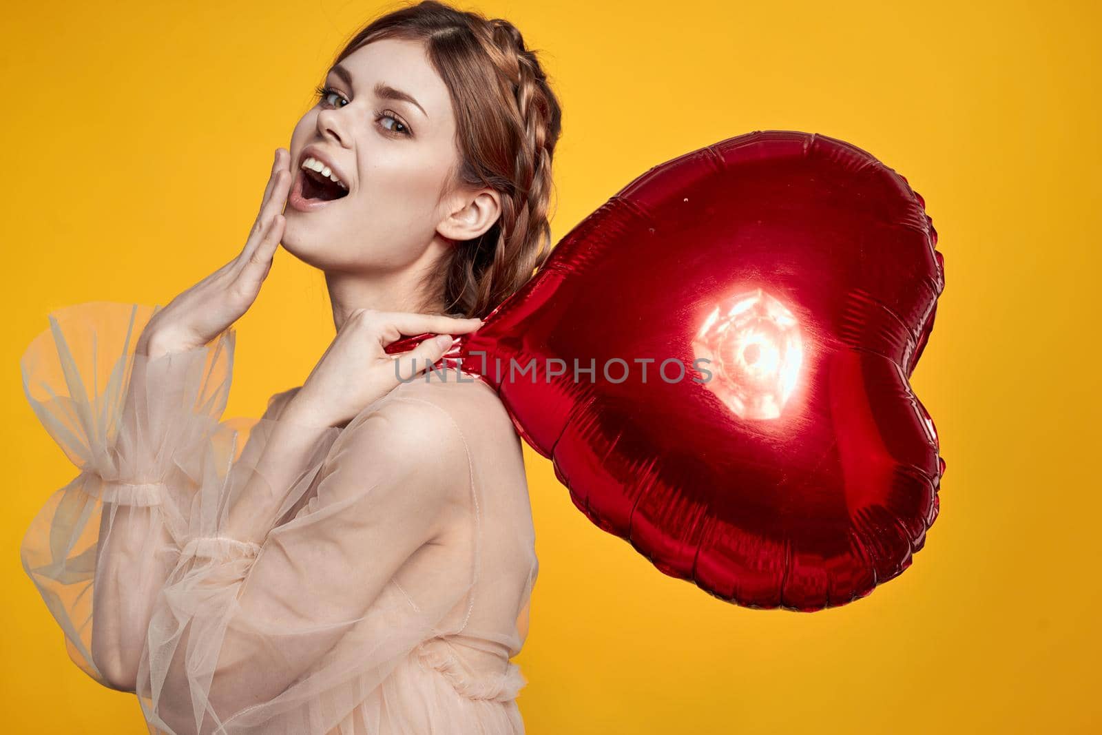 pretty woman Birthday party gift heart balloon isolated background by Vichizh