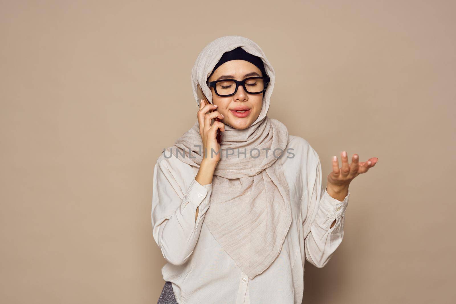 muslim woman with laptop work learning technology. High quality photo