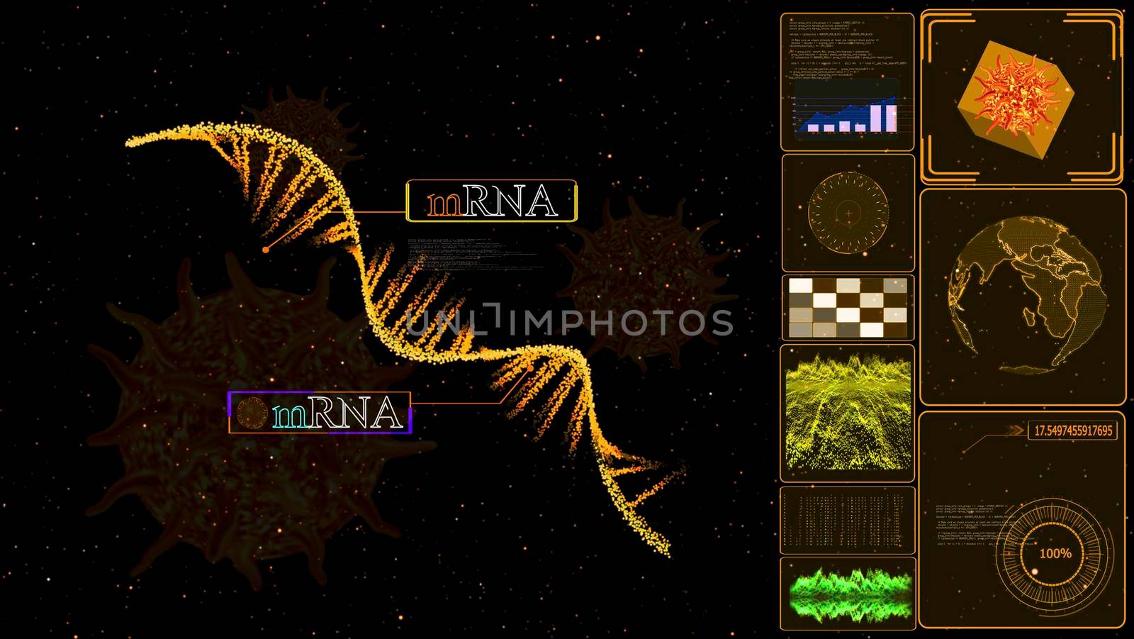 mRNA model on computer yellow monitor research and analysis for mRNA to protection COVID 19 mutation