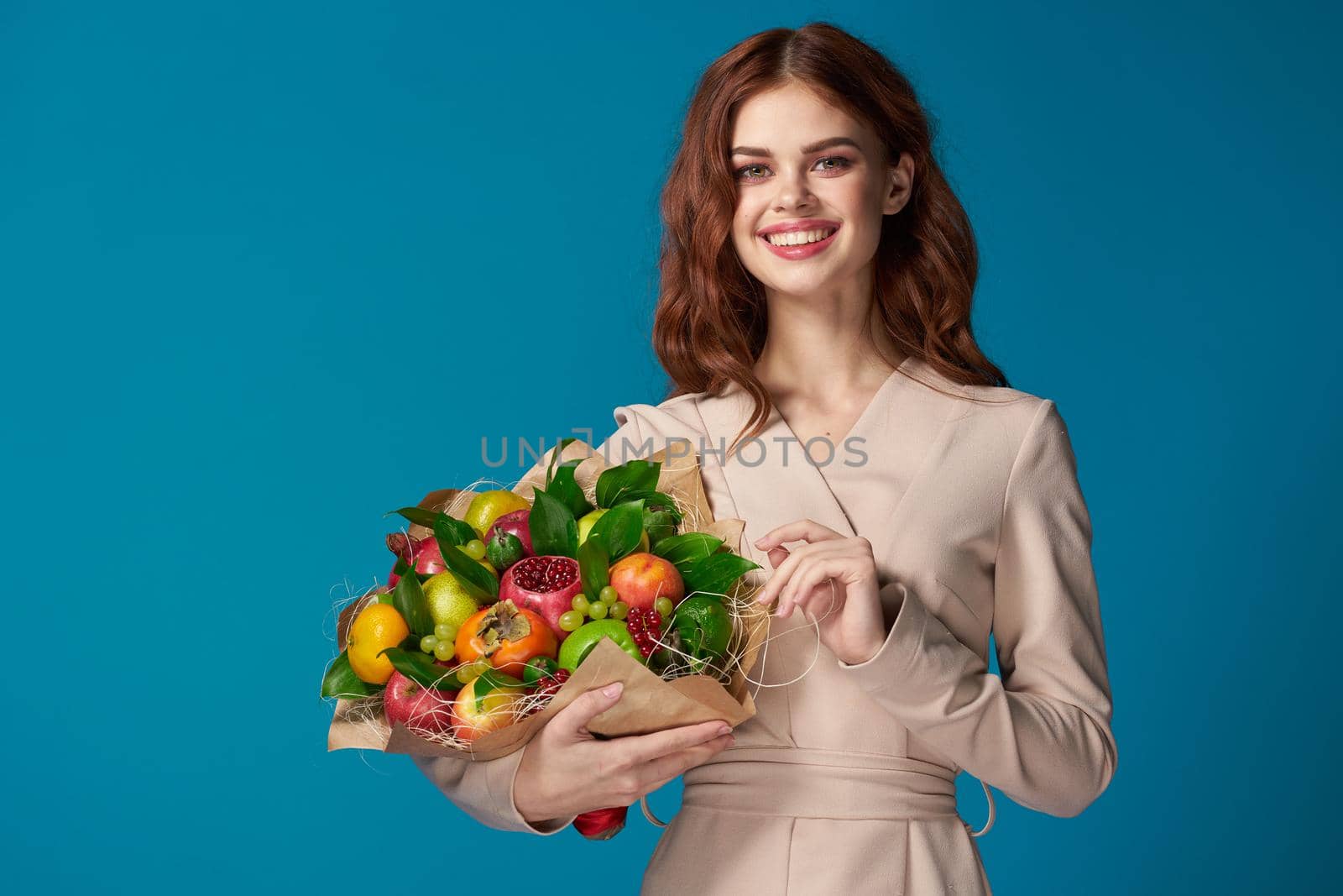 attractive woman fashionable hairstyle bouquet of flowers decoration colorful background by Vichizh